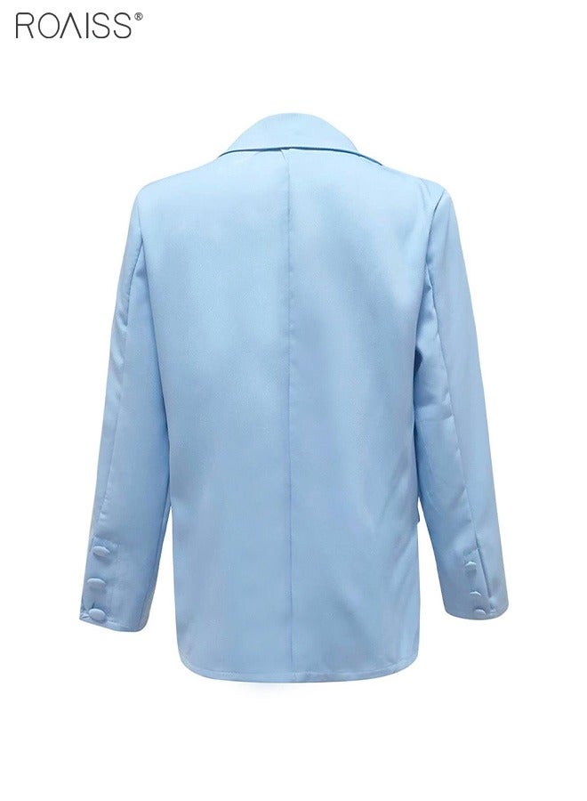 roaiss Women's Casual Business Blazer Fashion Casual Solid Color Office Coat Classic Lapel Button Open Placket Coat Ladies Classic Lapel Button Open Placket Suit Jacket with Shoulder Pads Blue - Image 5